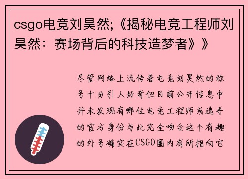 csgo电竞刘昊然;《揭秘电竞工程师刘昊然：赛场背后的科技造梦者》》